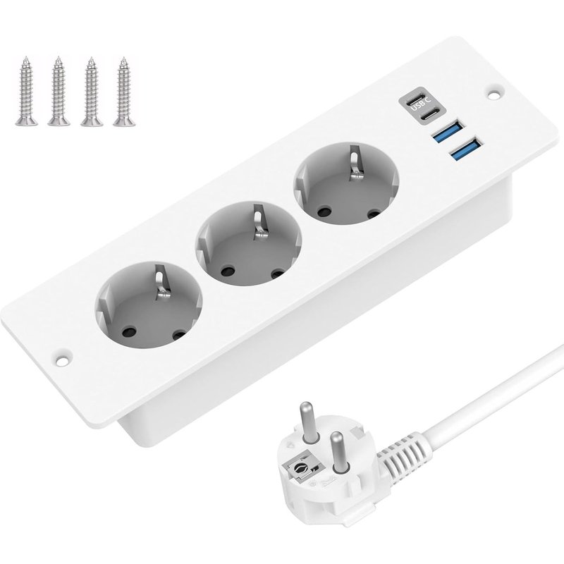 Recessed Table Socket With 2 Usb-A And 2 Type-C, Built-In 3 Sockets With 2 M Cable, Table Socket, Power Strip For Furniture Or Worktop, White