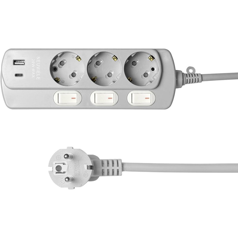 Power Strip With Usb C, 3 Sockets, With Switch Control, Usb C Adapter, Grey
