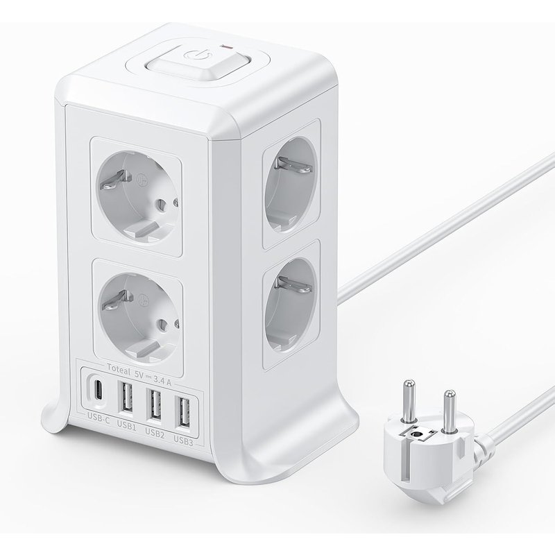 Tower Power Strip Surge Arrester And Surge, 5 M Power Adapter With 4 Usb Ports And 8 Sockets, For Office And Home