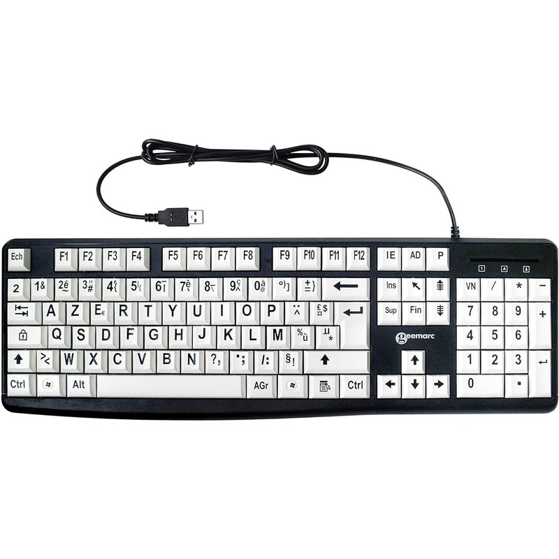 Clavier Alphanumérique Filaire De Avec Grands Caractères Noirs Sur Larges Touches Blanches - Contraste Élevé Pour Personnes Malvoyantes - Compatible Avec Windows Xp, Vista, 7, 8, 10 - Azerty