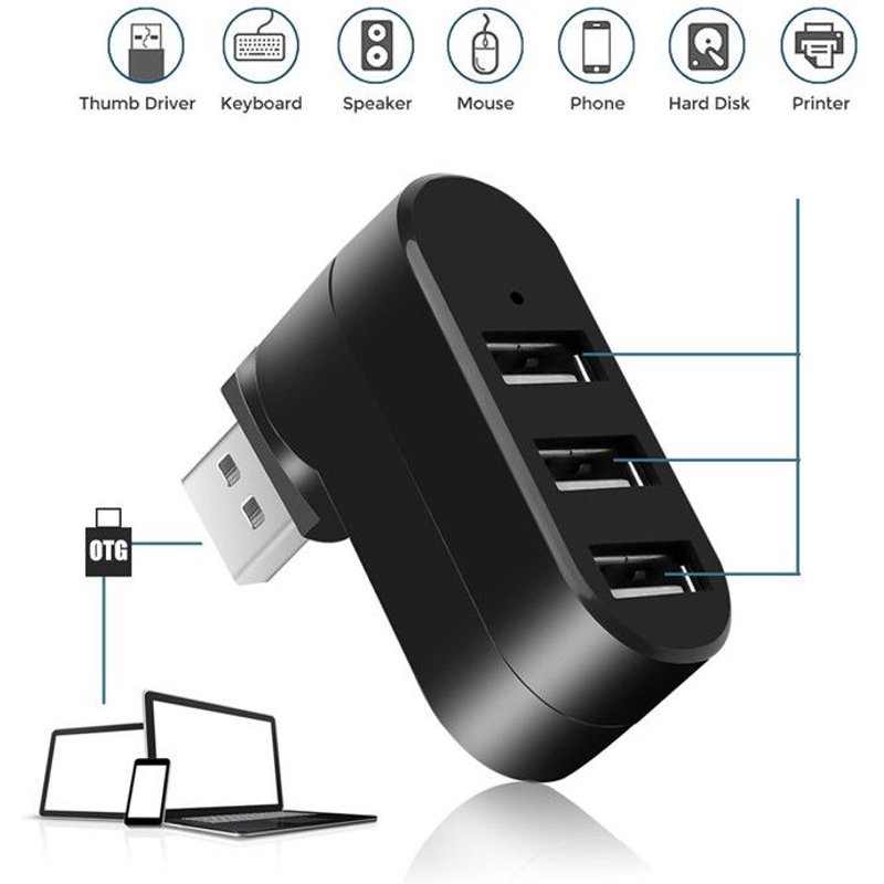 Hub USB, Adaptateur USB orientable à 90°/180°, Data Hub USB 3 Ports, USB multiport pour Macbook, Mac Pro/Mini, iMac, Surface Pro, XPS, Notebook PC, clés USB, etc.(HB-UMN3)