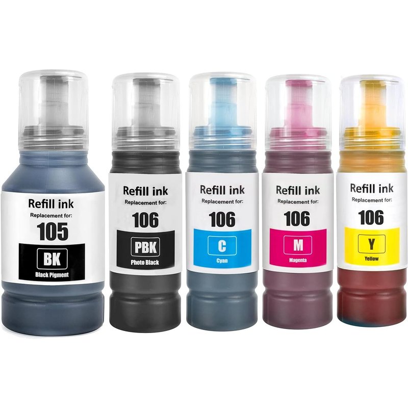 105 106 Ink Compatible with Epson 105 106 Ink Bottle Multipack for EP L-7160 L-7180 ET-7700 ET-7750 (5-Pack, Black/Photo Black/Cyan/Magenta/Yellow)