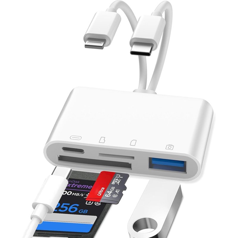 Lecteur Carte SD iPhone, 4 en 1 Lightning to SD Card Reader, Adaptateur iPhone Carte SD, Adaptateur Carte SD iPhone, Lecteur de Carte SD pour iPhone, Adaptateur SD iPhone