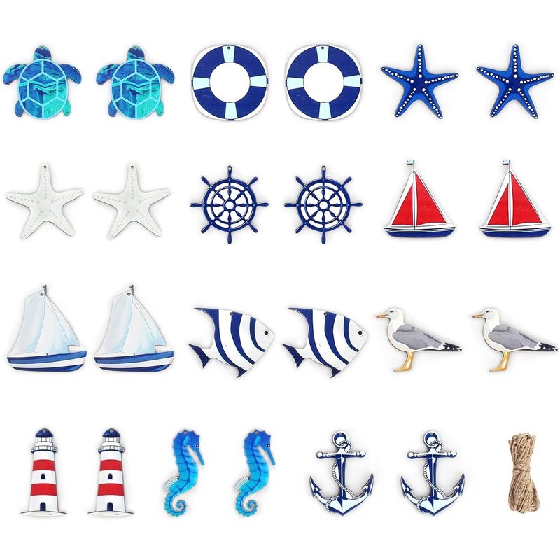 Lot De 24 Pendentifs Maritimes,Décoration Nautique,Kit De Décoration Maritime,Étoile De Mer,Bateau,Ancre,Phare,Poisson,Cocotier Pour Mini Filet De Pêche,Décorations Murales