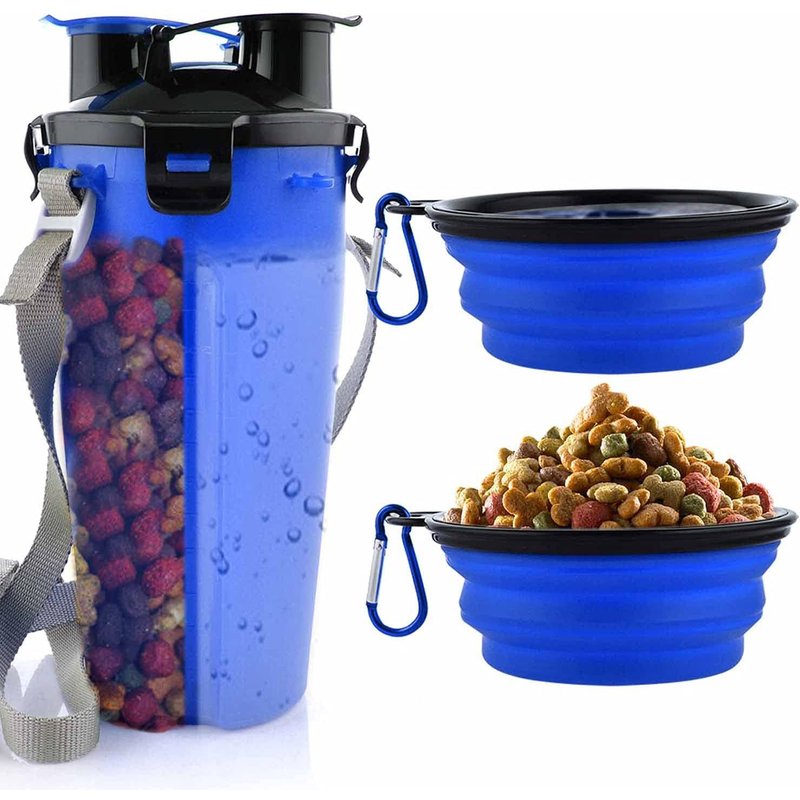 Outeille D'eau Pour (Bleu)Chien Avec 2 Bols Pliables Portable 2 En 1 Bouteille D'eau Et Nourriture Pour Chiens Chat Animaux, Voyage Bouteille Pour La Marche, Exercice, Randonnée, Camping