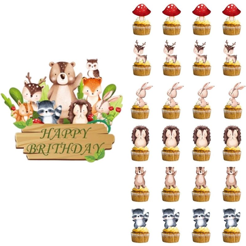 24 Inserts De Carte D'animaux De La Jungle Et 1 Inserts De Carte D'anniversaire De Jungle,Décorations De Gâteaux,Fournitures De Fête Pour Enfants