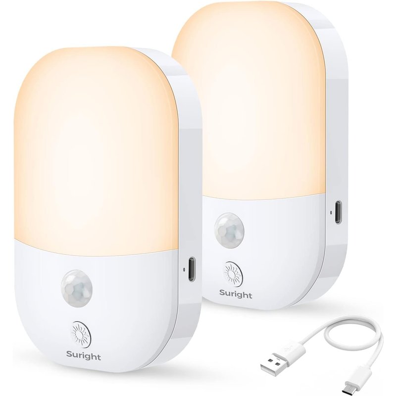 Veilleuse Type-C Rechargeable, 2 Pack Veilleuse Avec Détecteur De Mouvement Et 5 Niveaux Luminosités 3 Modes(Auto/Off/On), Veilleuse Enfant Pour Chambre, Escalier, Couloir, 2800k Blanc Chaud