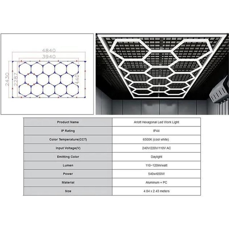 Système d'éclairage Plafond Nid d'abeille 14 Hexagon 3,94 x 2,29 m Garage Lumière