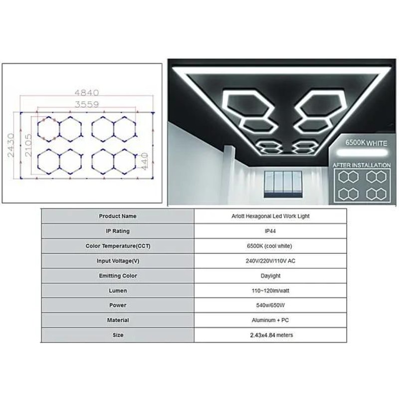 Système d'éclairage Plafond Nid d'abeille Hexagon Garage Lumière 3.56 x 2.10 m