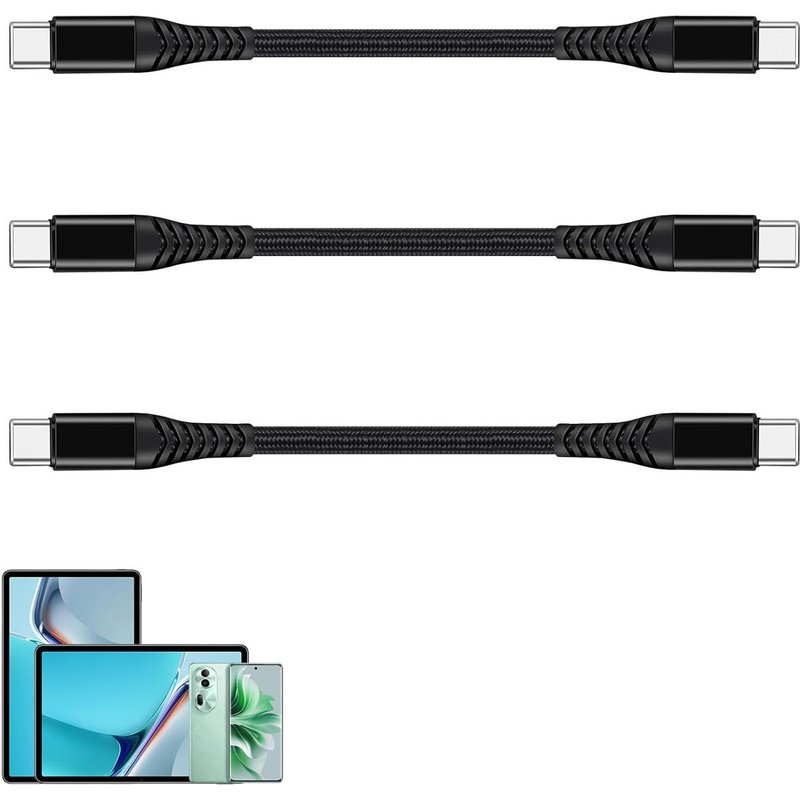 Pack de 3 Câble USB C vers USB C Court 20CM, Charge Rapide PD 60W Câble de Charge et de Données Type C à Type C, Nylon Tressé Durable pour Samsung Galaxy S23/S22/S21, Xiaomi, Google Pixel, Noir
