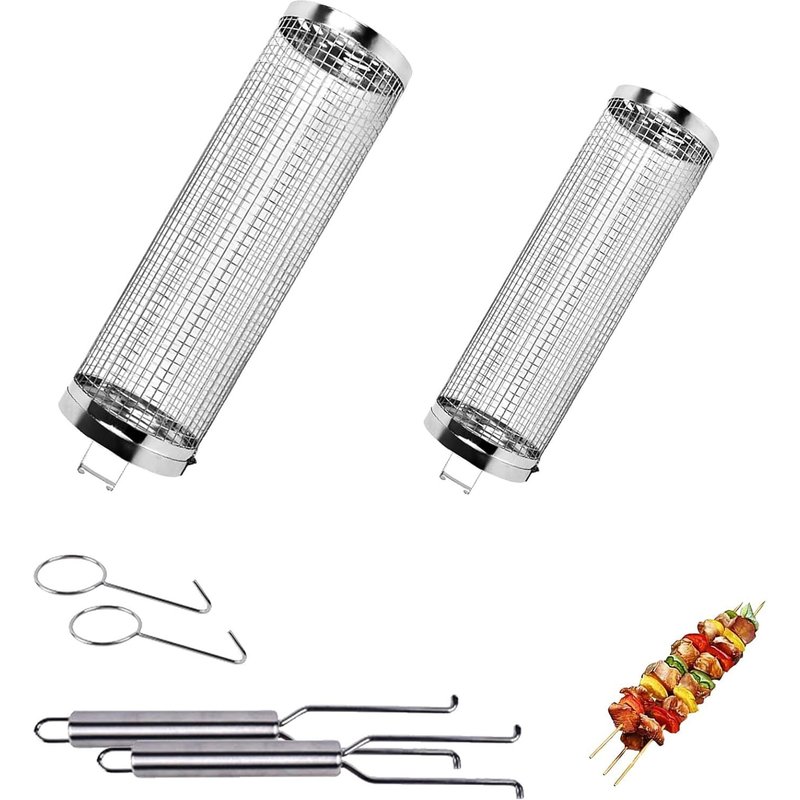 Letnerny-2 Pièces Panier De Barbecue En Acier Inoxydable, Paniers A Griller Cylindriques, Accessoires De Cuisson Pour Barbecue Extérieur, Panier De Barbecue, Pour Griller Légumes, Crevettes, Steak