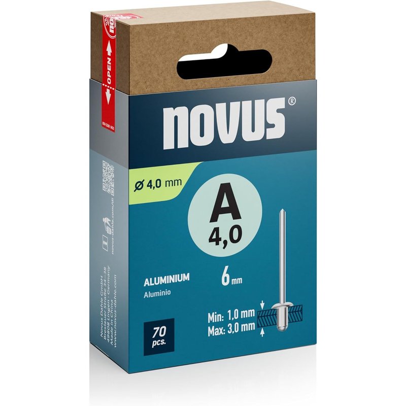 Rivets aveugles en aluminium Ø 4,0 mm,longueur 6 mm,70 rivets,épaisseur du matériau 1,0-3,0 mm,fixation de métaux non ferreux,plastique,matériaux légers,cuir et tissus