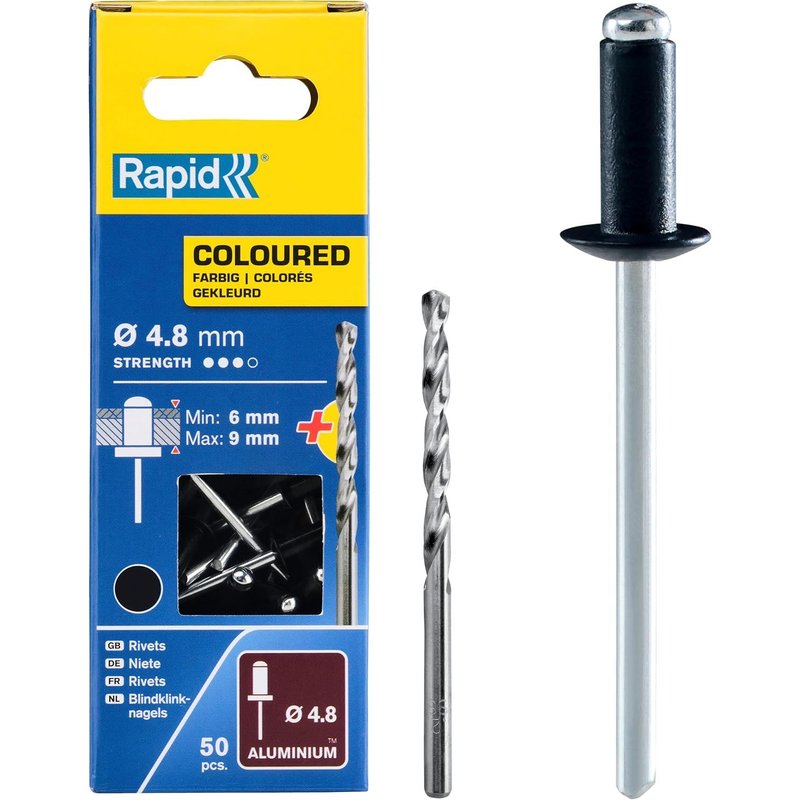 Rivets Pop en Aluminium Ø4.8 x 12 mm,Coloris Noir,Rivets Aveugles pour Gouttières/Tuyaux/Tôle-Foret Inclus-50 Pièces,Emballage Carton (5001471)