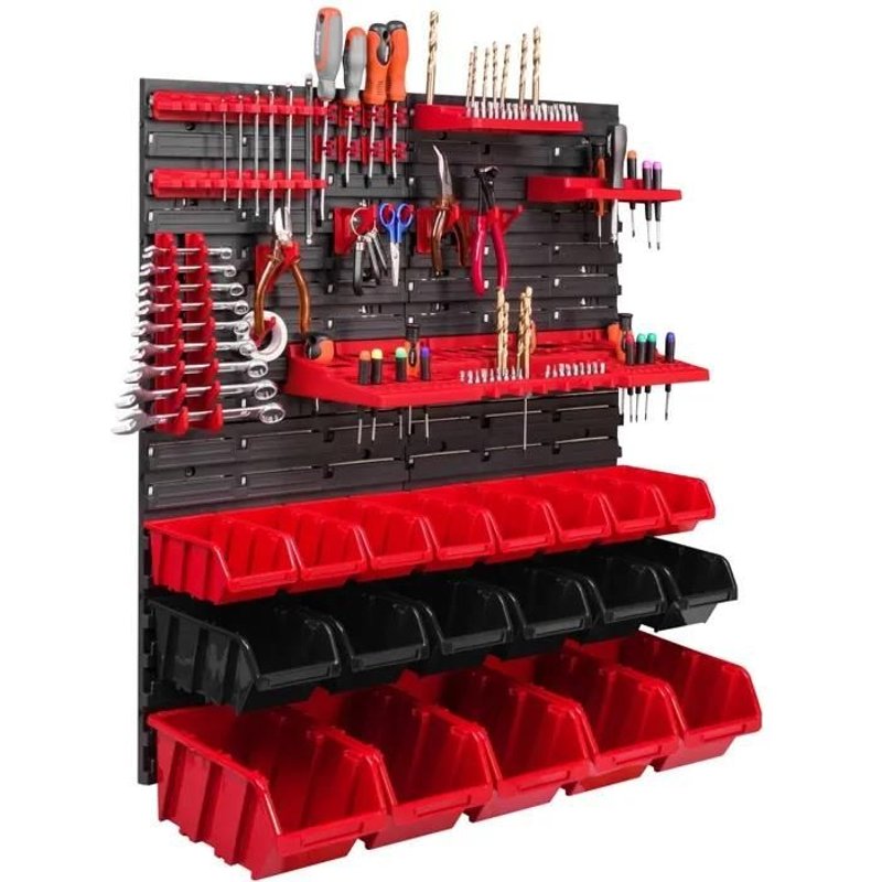 Panneau mural pour outils 77 x 78 cm avec 19 pcs Boîte Rouge et Noire plastique V2
