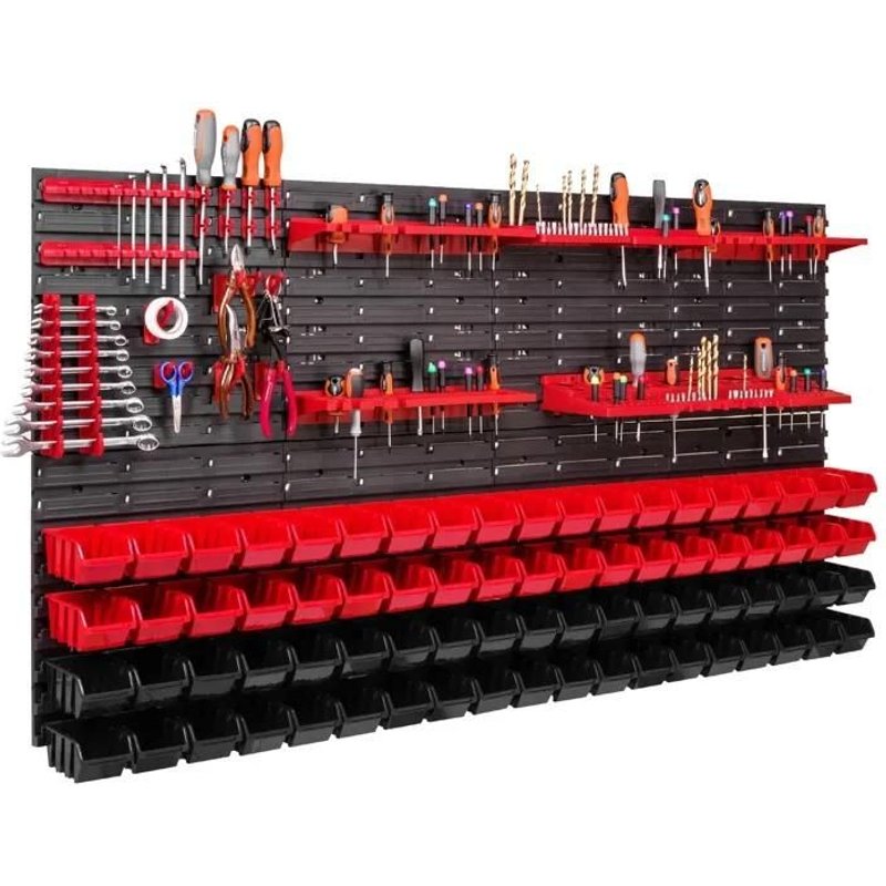 Panneau mural pour outils 156 x 78 cm avec 76 pcs Boîte Rouge et Noire plastique V1