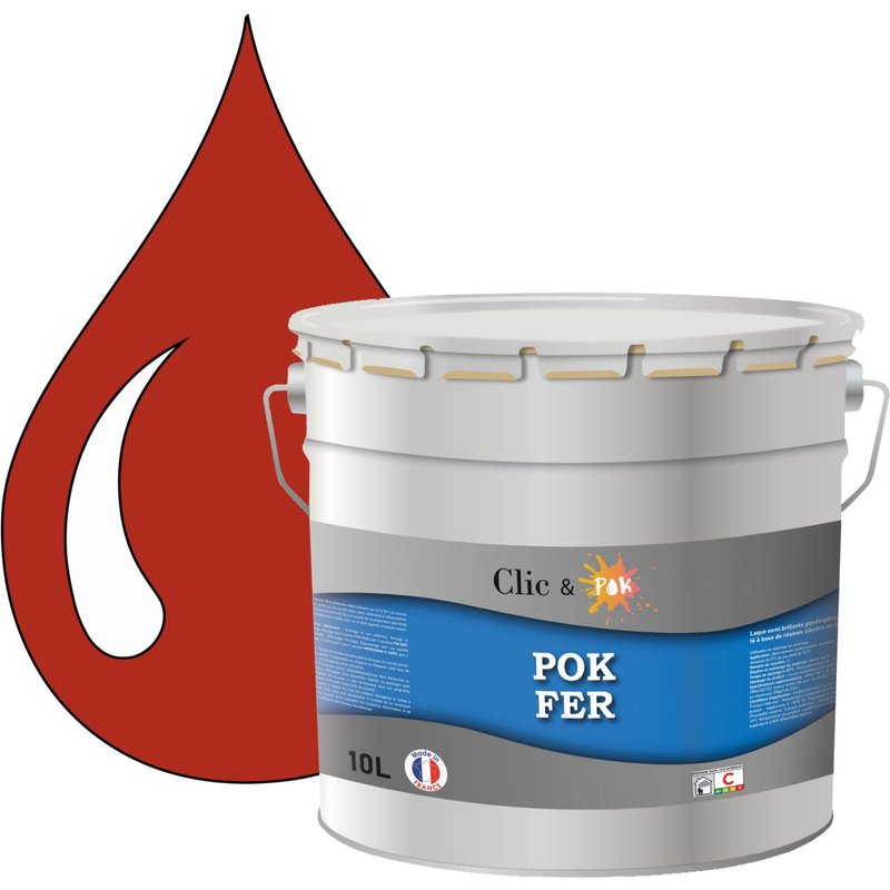 POK FER Rouge : Peinture de Finition Antirouille Laque Semi-Brillante Métaux Ferreux - 10L - RAL 3000 - Rouge Feu