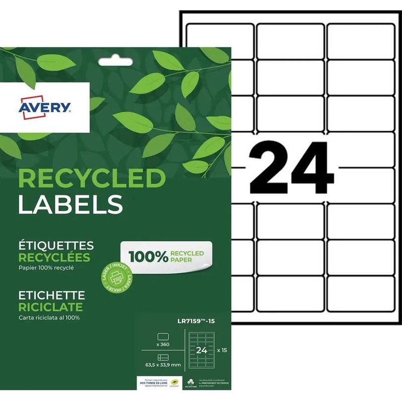 Avery Recycled Labels - Papier recyclé - mat - adhésif permanent - micro-perforé - blanc - 63.5 x 33.9 mm 360 étiquette(s) (15 feuille(s) x 24 étiquettes adresses