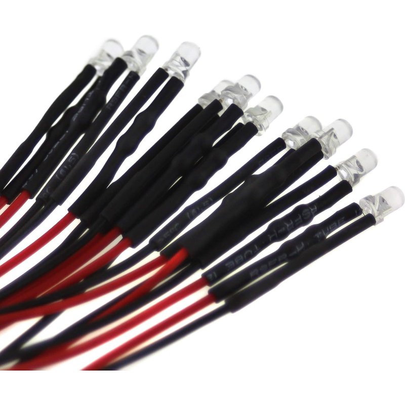 10 LED de 3 mm,12 V,câble de raccordement et résistance intégrée. Blanc chaud