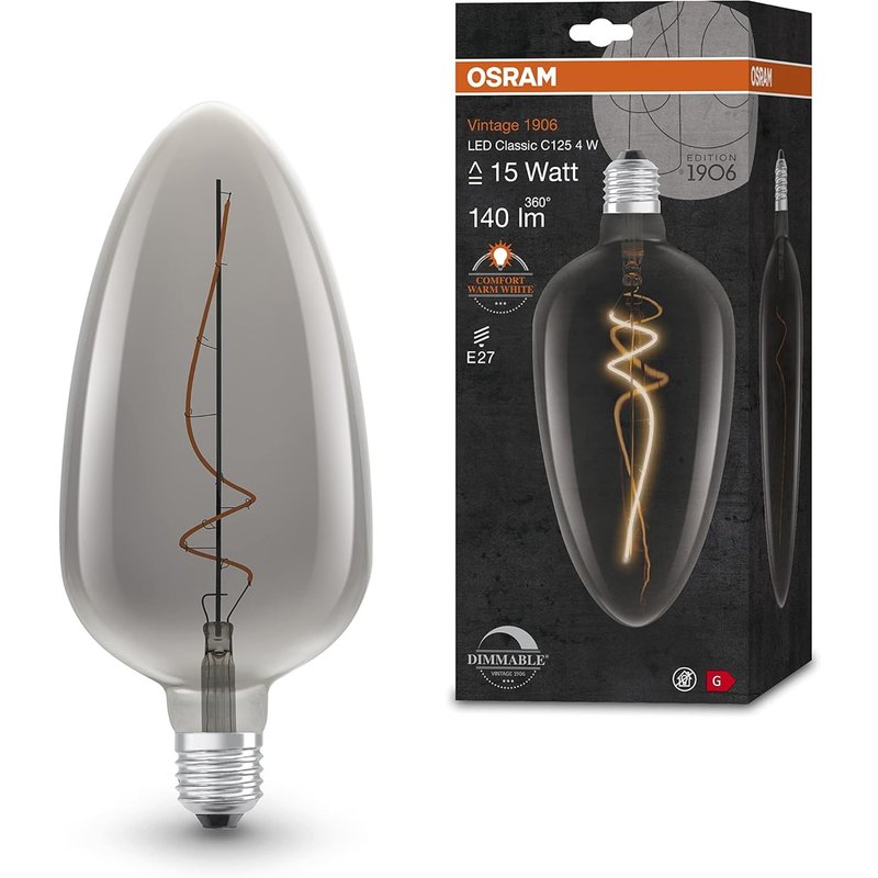 Vintage 1906 smoke tinted LED lamp,4W,140lm,slightly oval design with 125mm diameter & E27 base,warm white light,dimmable filament,life of up to 15,000 hours