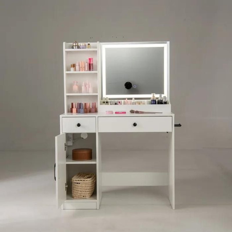 Ensemble Coiffeuse Et Tabouret Avec Miroir Led Costway, Couleurs Réglables, Station De Charge, 2 Tiroirs, Espace De Rangement,Blanc