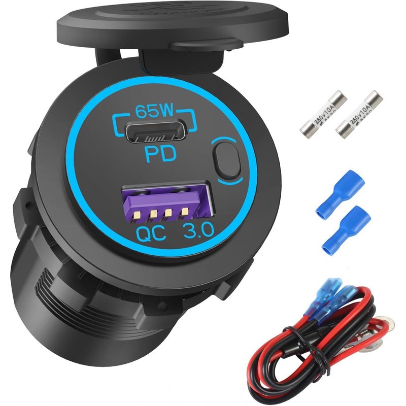 Usb C Socket 12v, 65w Pd3.0 And 18w Qc3.0 Usb Charging Ports For Laptops, Tablets And Phones, Waterproof 12v/24v Power Socket With Switch For Car, Boat And Motorcycle.