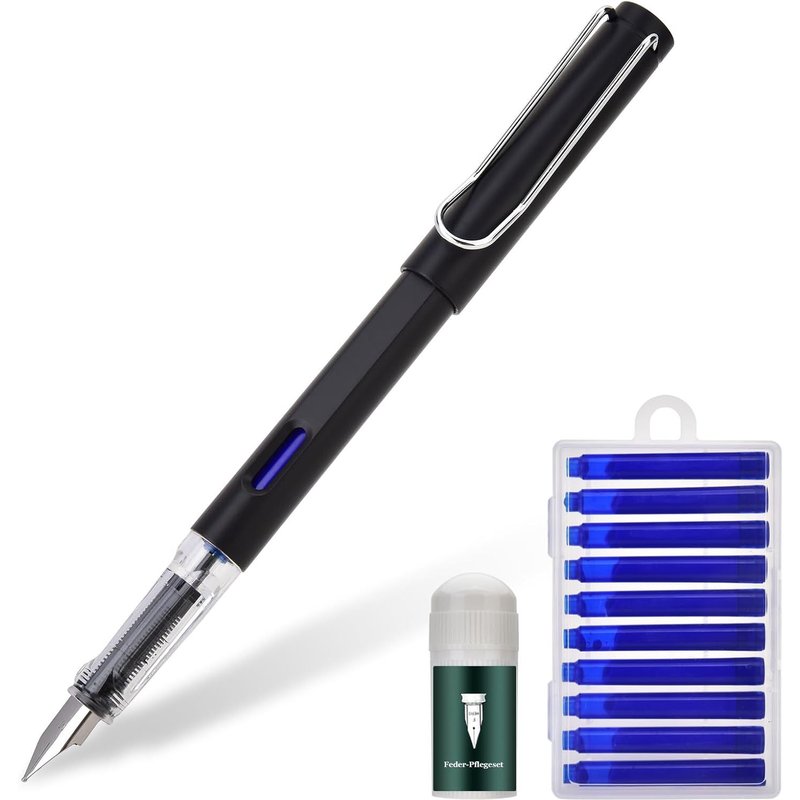 Stylo-plume effaçable, bleu, avec poignée ergonomique et plume en acier de largeur de trait M, encre bleue, avec 11 cartouches et 1 kit d'entretien de plume, pour écrire, effacer