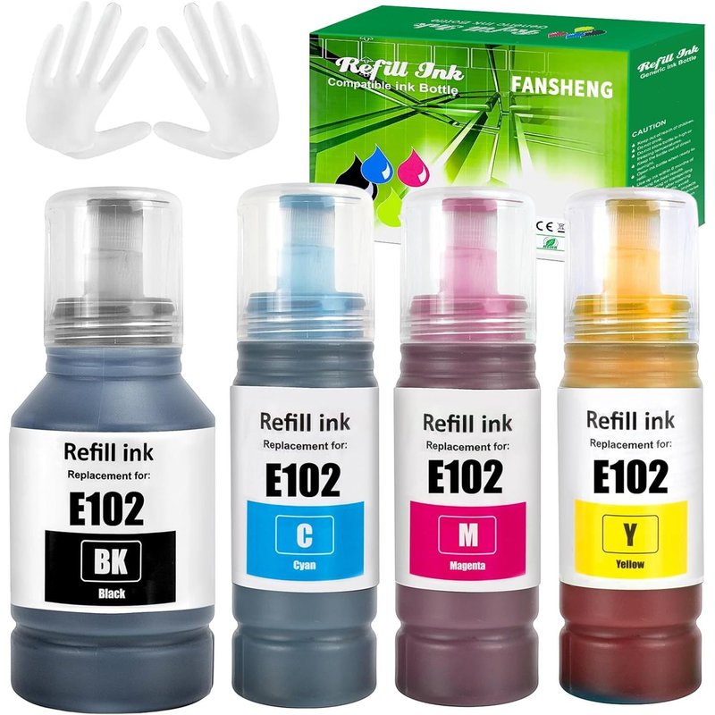 102 Encre Compatible avec Epson 102 Bouteille d'encre Multipack pour ET-2856 ET-4856 ET-2850 ET-15000 ET-2700 ET-2750 ET-2751 ET-2756 ET-2851 ET-3700 ET-3750 ET-4750 ET-4850 (4-Pack,BK C M Y)
