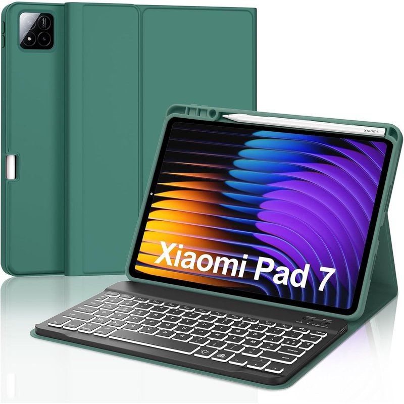 Clavier pour Xiaomi Pad 7/7 Pro 11.2 Pouces 2025, AZERTY Français Clavier Rétroéclairé Bluetooth Magnétique Détachable avec Fente pour Stylo pour Xiaomi Pad 7/7 Pro 11.2"" 2025, Vert foncé