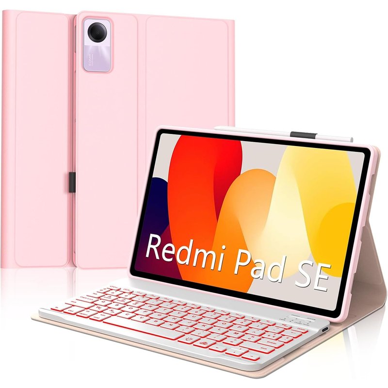 Clavier Xiaomi Redmi Pad SE 11, Clavier éclairage 7 Couleurs, Clavier AZERTY sans Fil Bluetooth Amovible pour Redmi Pad SE 11 Pouces 2023, Rose