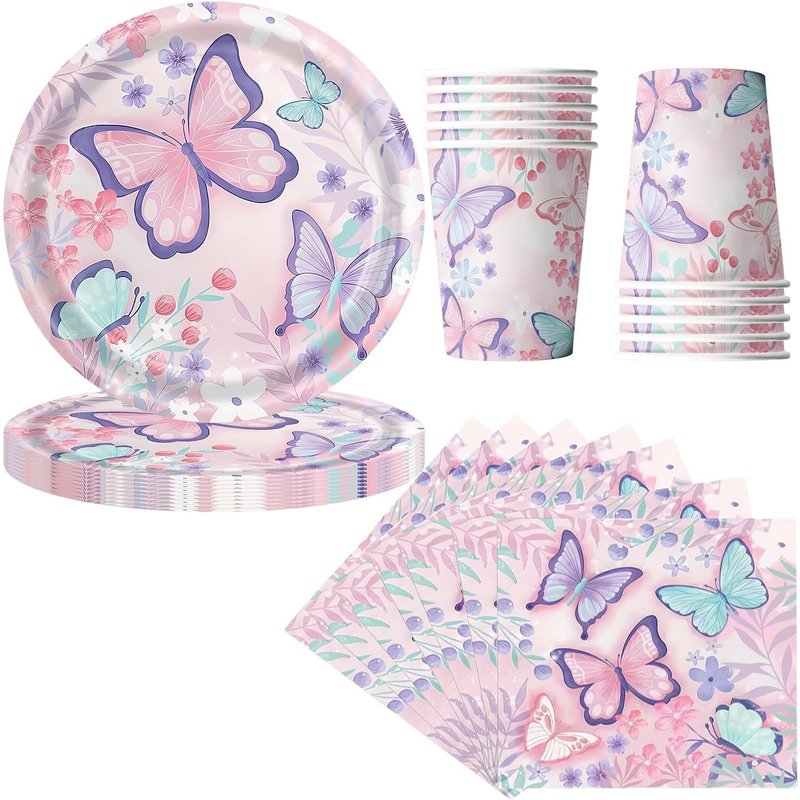 Letnerny-Kit De Décoration De Table D'anniversaire Pour 10 Invités Avec 10 Assiettes En Carton, 10 Gobelets Et 20 Serviettes, Motif Papillon
