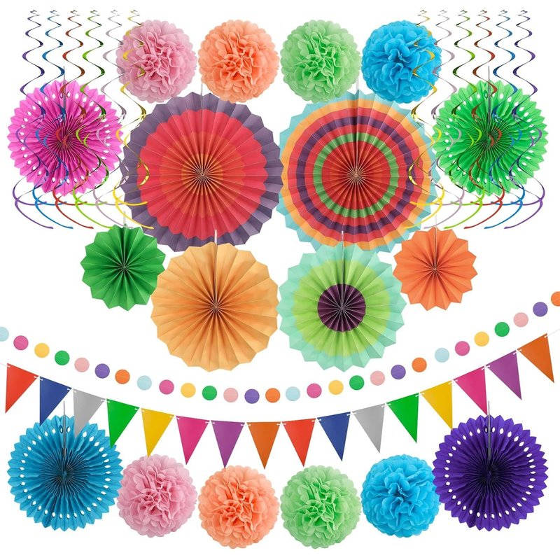 Letnerny-Lot De 32 Ăventails En Papier Pour DĂ©coration De FĂȘte D'anniversaire Mexicaine, Ăventails ColorĂ©s Ă Suspendre, Pompons, Fleurs, Tourbillons, Guirlandes, Fanions Triangulaires Ă Pois Pour FĂȘt