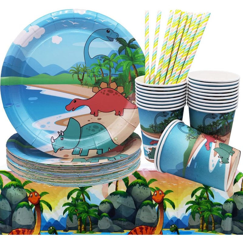 Letnerny-Lot De 62 Ustensiles De Fête Dinosaures - Décoration De Fête D'anniversaire - Thème Forêt Tropicale - Nappe - Assiettes De 20 Cm - Gobelets Et Pailles Pour 20 Invités