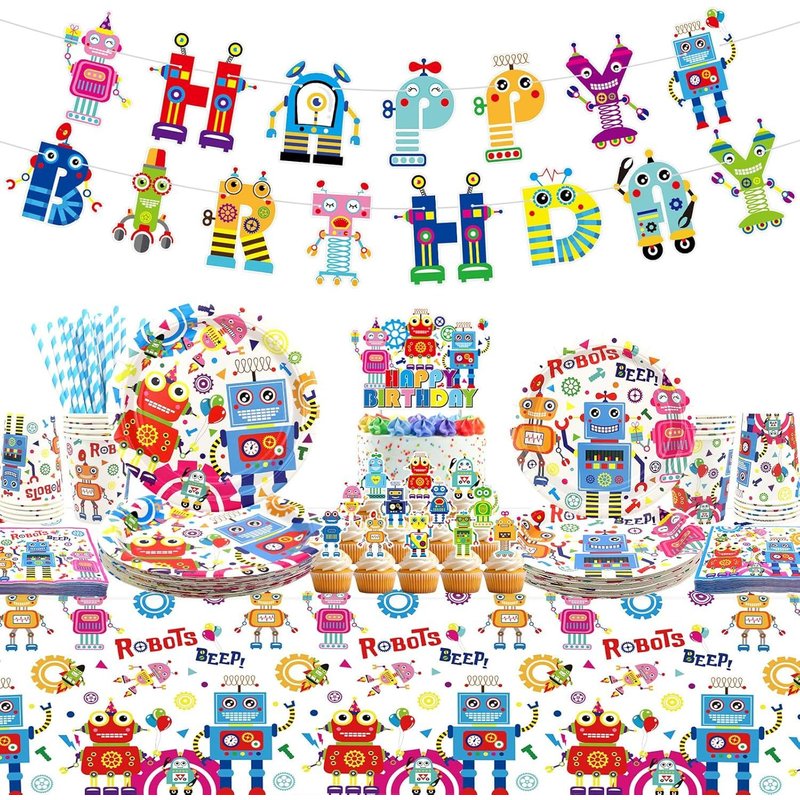 Letnerny-DĂ©coration De FĂȘte D'anniversaire Robot BanniĂšres Ă Motifs, Nappe, Assiettes, Serviettes, Vaisselle, ThĂšme Robot FĂȘte Accessoires Pour Garçons Filles Enfants Douche BĂ©bĂ©, Servis 20