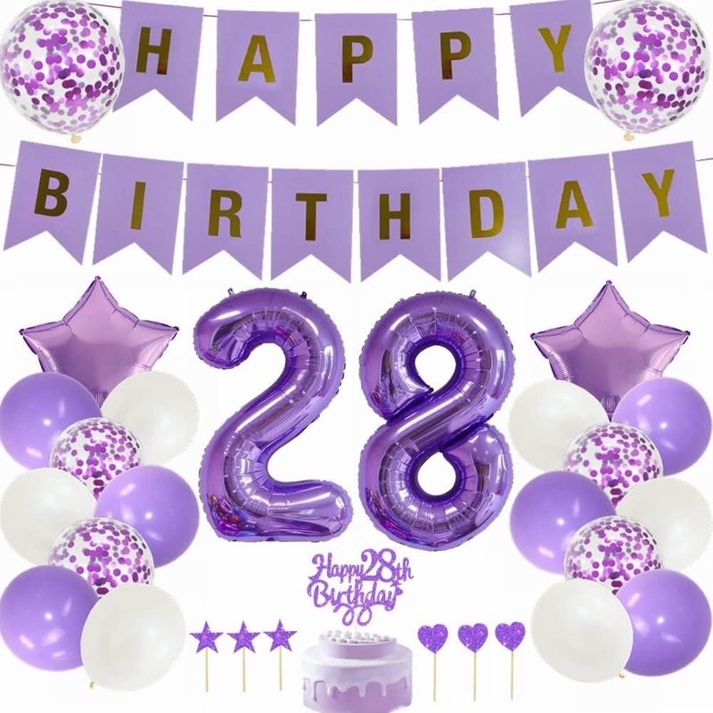 DĂ©coration De GĂąteau D'anniversaire 28 Ans Pour Homme Et Femme - Violet Et Blanc - DĂ©coration De FĂȘte D'anniversaire - 28 Ans