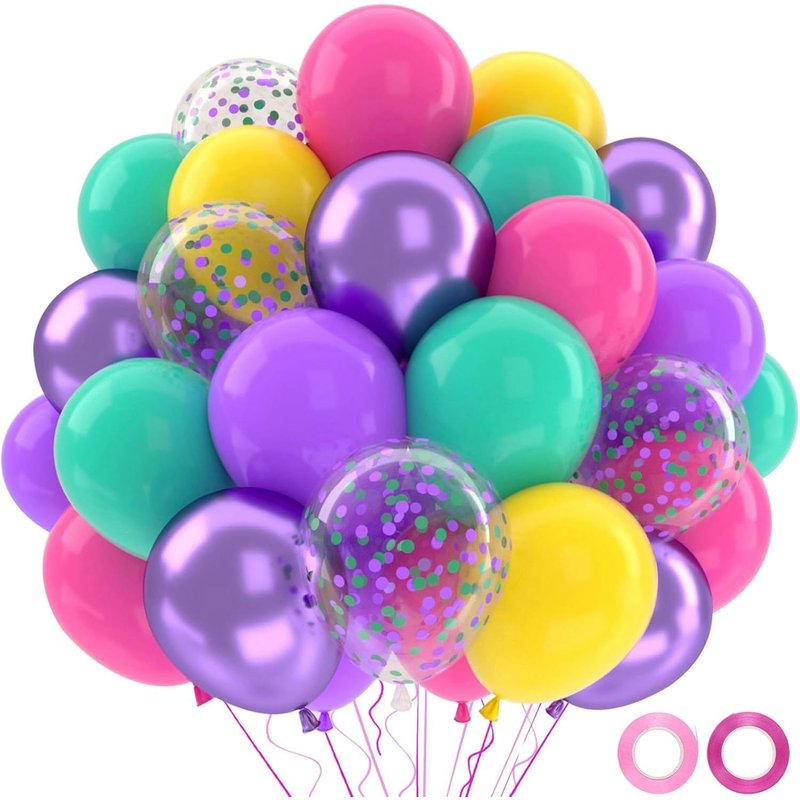 Colorful Birthday Balloons, 52 Pieces Purple Pink Blue Yellow Metallic Purple Confetti Balloons, Colorful Latex Balloon For Magic Theme Birthday Decoration, Wedding Party Decoration