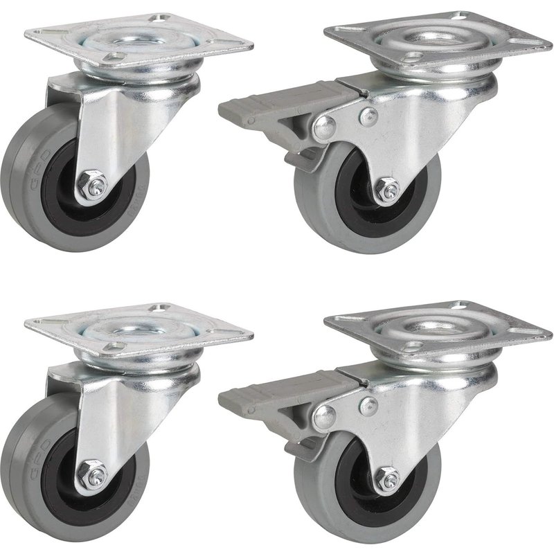 Set of 4 Camera Casters, Diameter 50 mm, 2 Castors with Brake, Rubber Wheel, Plate 42 x 42 mm, Maximum Load 105 kg, Furniture Casters, Castors