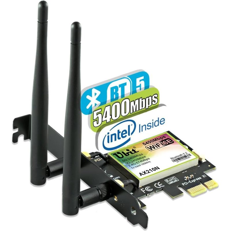 Carte WiFi, AX 5400Mbps PCIe WiFi Bluetooth 2-en-1 Carte WiFi 6 pour PC de Bureau Windows 11/10(64Bit), Carte réseau sans Fil à Trois Bandes (2.4Ghz, 5Ghz et 6Ghz) Support Bas Profil Inclus