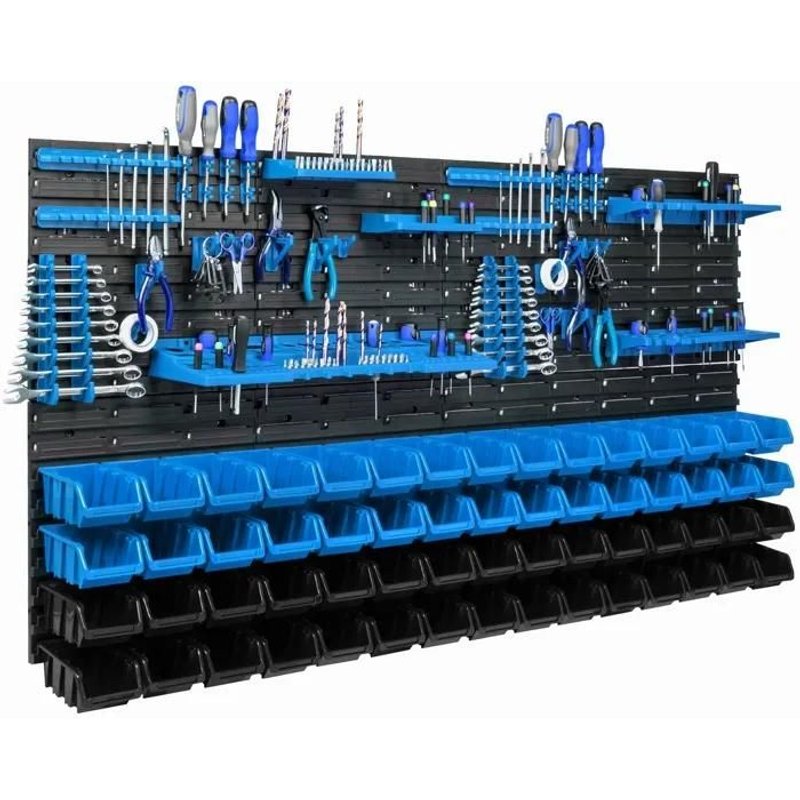 Panneau mural pour outils 156 x 78 cm avec 60 pcs Boîte Bleue et Noire plastique