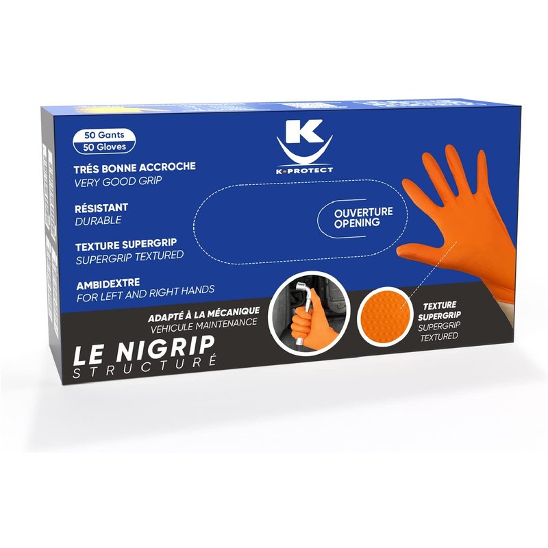 KELI - Gants Nitrile Orange NIGRIP Non Poudré Taille L, Sans Latex, Boîte 50 pièCEs Ultra-Résistantes, SuperGrip, Usages Multiples