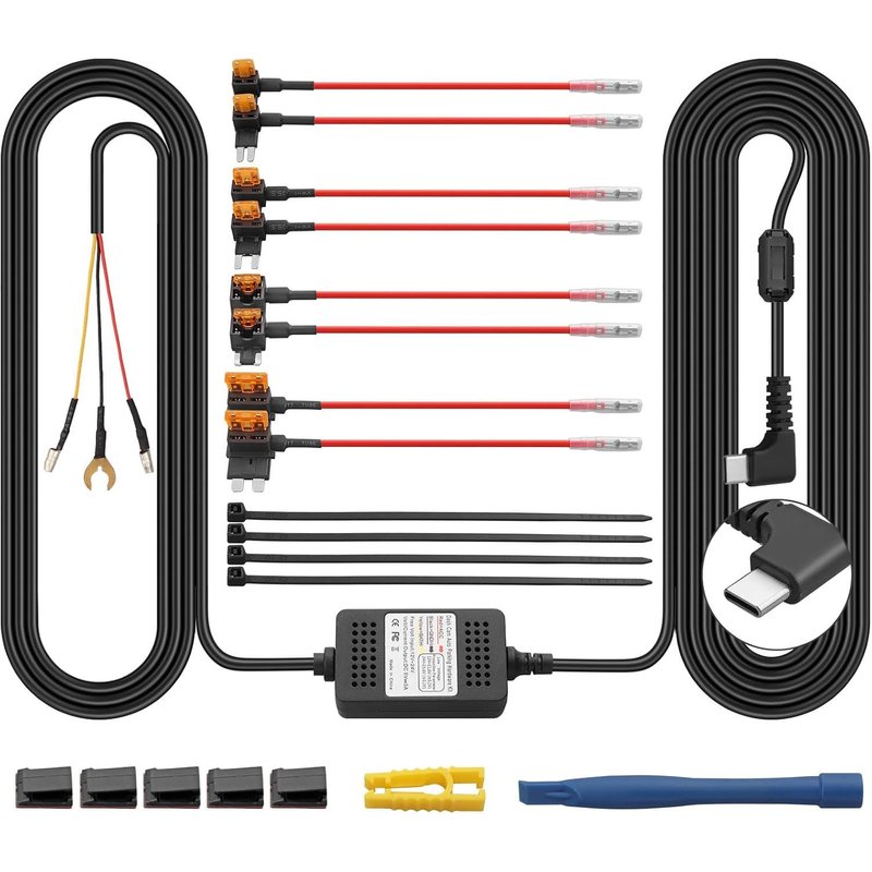 Dash Cam Wiring Kit, Type C - USB Dash Cam Wiring Kit 3 Wires USB-C Dash Cam Wiring Kit with ACC Fuses 12V/24V to 5V Low Voltage Protection