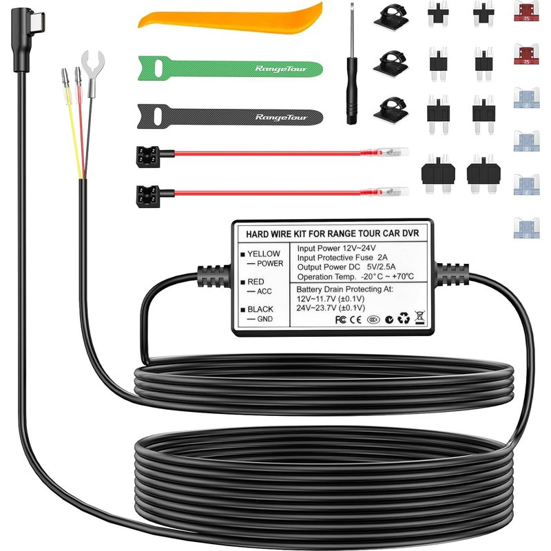 Dash Cam Hardwire Kit, USB-C Power Cord for Car Dashboard Camera Charger 12V-24V to 5V, 3 Cores, 4 Types/8 Adapters and 4 Fuses