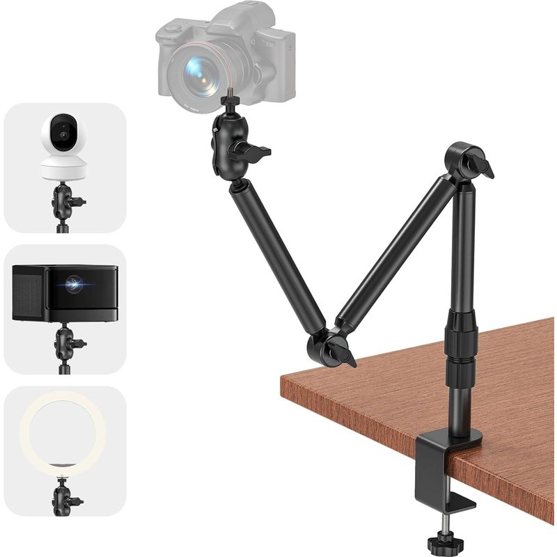 Camera Desk Mount, Heavy Duty Tripod Camera Stand with 1/4 Inch Screw, Horizontal Load 3kg, 360° Swivel Table Mount with Adjustable Arm for DSLR, Ring Light, Projector