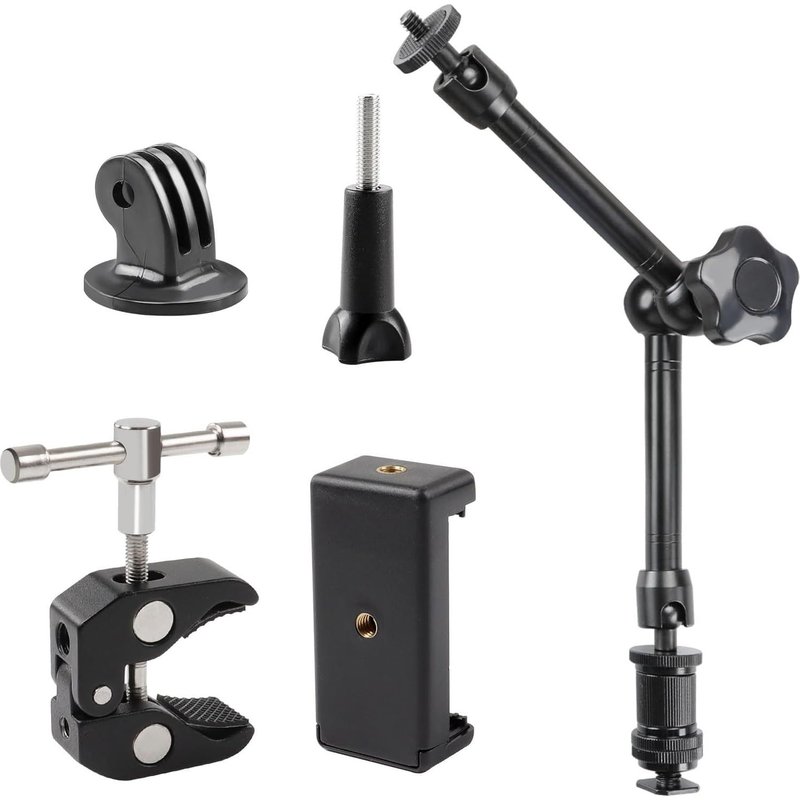 11 Inch Adjustable Magic Arm with Super Clamp, 360° Ball Joint Magic Arm with 1/4"" and 3/8"" Threaded Holes, Magic Arm Clamp for Tripod, Monitor, Camera