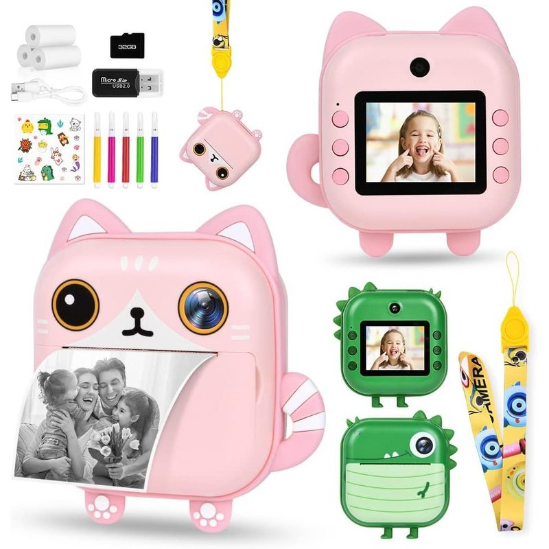 Instant Print Children's Camera, 2.4 Inch 12MP/1080P Selfie Camera Creator with 3 Rolls of Printing Paper, 32G SD Card, 5 Markers, for Girls Boys 3-12 Years