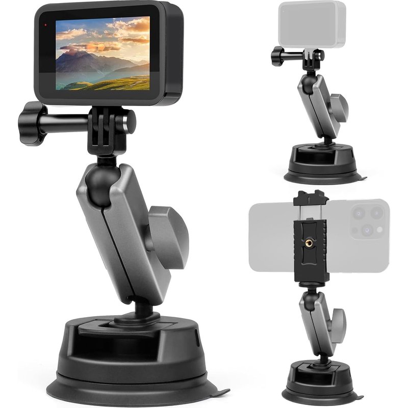 Suction Cup Mount for GoPro Hero Suction Cup Car Action Camera 360° Dual Head and 1/4 Threaded Phone Compatible with GoPro Hero 11 10 9 8 7 6 5 Insta360 X3, Osmo Pocket Phone
