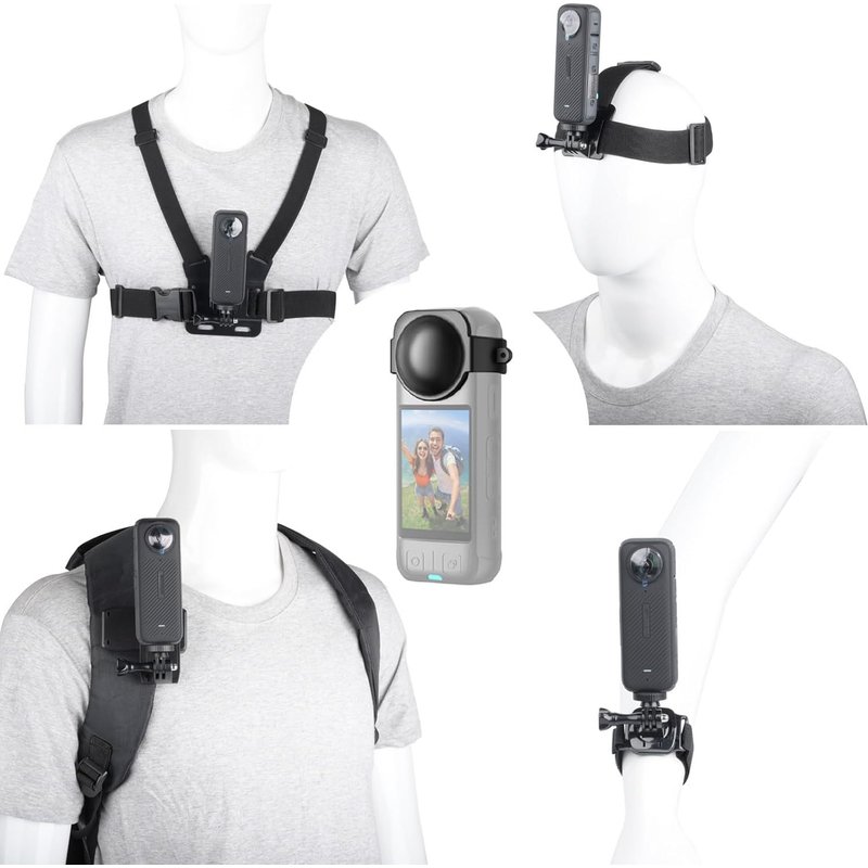 10 Piece Action Camera Kit for Insta360 X4/X3/Ace Pro, Phone Harness, Headband and Wrist Mount, Backpack Clip, Silicone Cap, Compatible with GoPro Hero, SJCAM