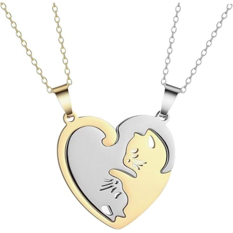 Bijoux Collier Pendentif Puzzle Coeur, 2 Pièces Collier D'amitié Couple Puzzle Chat, Collier En Acier Titane Pendentif, Separable Detachable Chat Acier Inoxydable Amitié Amoureux Couple, B