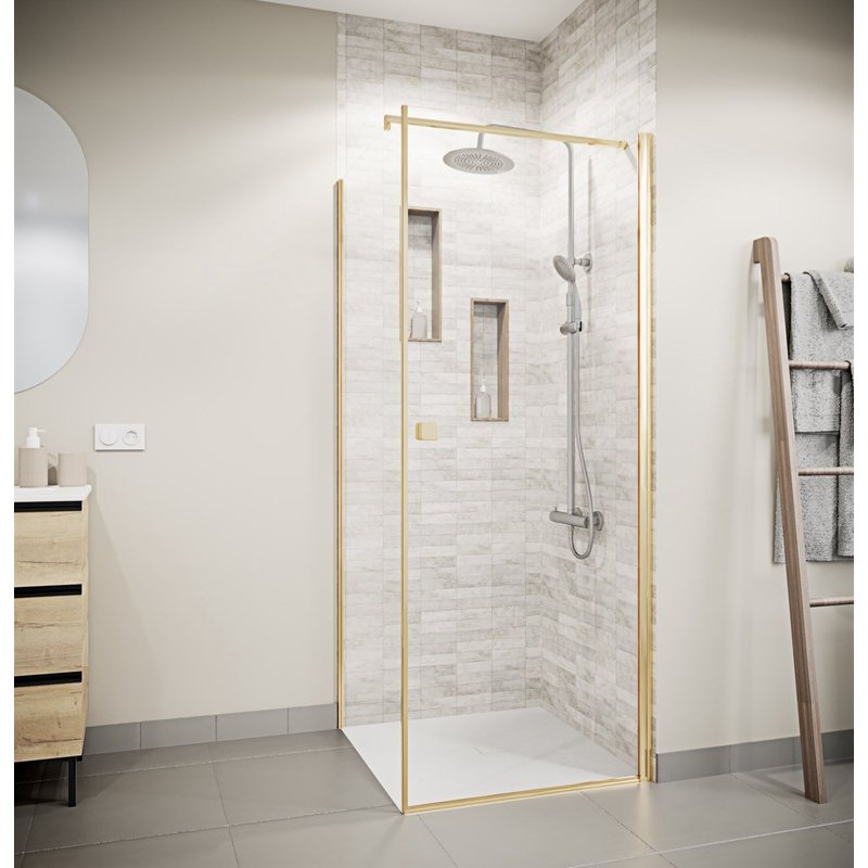 Porte de Douche Pivotante 90x180cm et Retour 90cm - Verre 8mm Anticalcaire - Profil Or Brosse