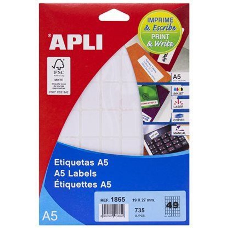 APLI - Adhésif permanent - blanc - 19 x 27 mm 735 étiquette(s) (15 feuille(s) x 49 dossier avec eurohole - étiquettes