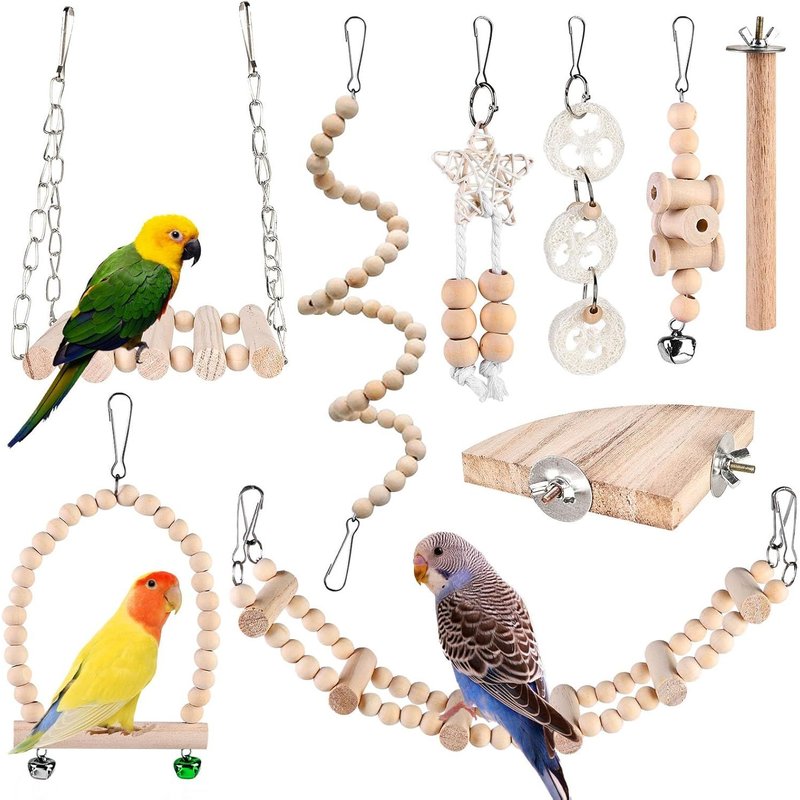 Bird Toys Set Of 9 Rocking Toy Bird Cage Chew Toy Bird Cage Accessory Wooden Platform For Budgies, Cockatiels, Macaws, Finches